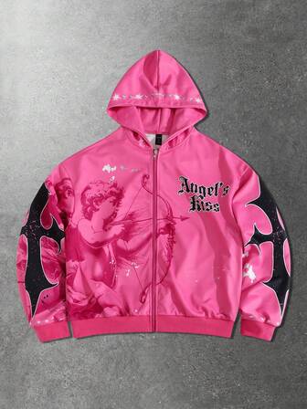 Sudadera con capucha con cremallera y estampado de letras y ángeles, informal para hombre, otoño