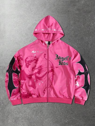 Felpa con cappuccio e chiusura lampo casual da uomo con stampa di lettere e angeli, autunnale