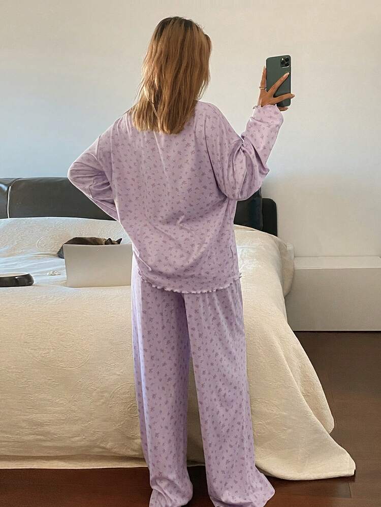 2pcs Ditsy Floral Loose Comfortable Long Sleeve Pajama Set For Women, Winter Clothes