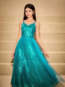 Elegant Sequin Strap Dress For Teenagers, Suitable For Prom, Performance, Banquet, Reception, Art Exhibition, Fashion Events - Green - View 7
