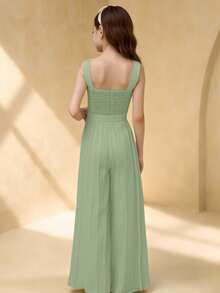 Tween Girls' Round Neck Sleeveless Waist Splicing Pleated Elegant Party Jumpsuit - Mint Green - View 2