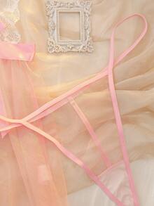 DelicateAllure Lencería de mujer talla grande con encaje de contraste y volantes de malla - Rosa - Ver 6