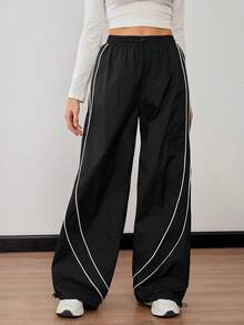 SHEIN Tall Damen Lässig Hose mit Kordelzug, hoher Taille und weitem Bein - Schwarz - Übersicht 6