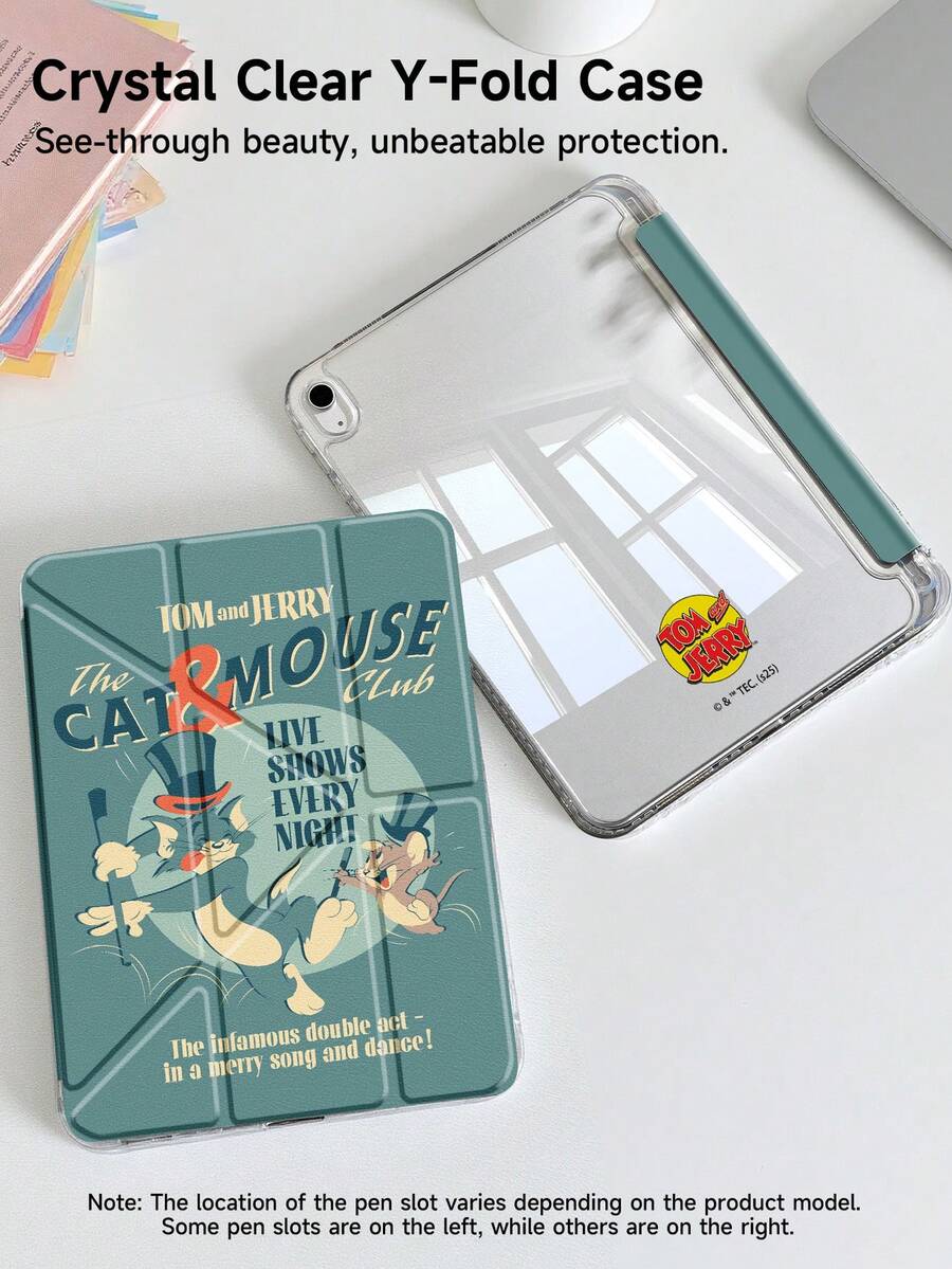 Tom and Jerry Artist x SHEIN 可爱创意卡通图案平板电脑保护套，采用3+Y折叠设计，具备自动唤醒/睡眠功能和内置笔槽，防震时尚，兼容三星Galaxy Tab、iPad（A16）第11代11英寸（2025款）和iPad第7/8/9代（10.2英寸）。 - 彩色 - 查看 1
