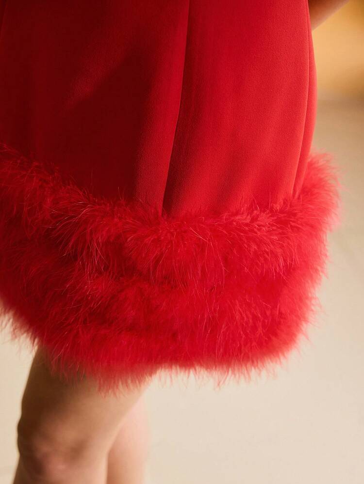 FASHIONABLE CONTRAST FURRY HEM TUBE MINI DRESS