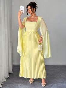 Cravure 大码女装新款长款喇叭袖奢华重工装饰闪亮手工水晶珍珠褶皱喇叭下摆修身优雅浪漫约会派对连衣裙 - 鵝黃色 - 查看 4