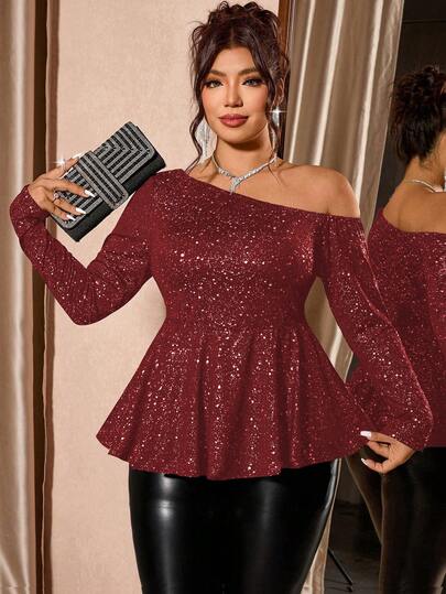 Cravure Plus Size Women's Elegant Asymmetrical Shoulder Fitted T-Shirt, Slimming Asymmetric Shoulder, Metallic Sequin Decor, A-Line Hem, Suitable For Party, Club, Banquet