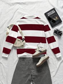 Manfinity Joysei Men's Letter Print Striped Polo Collar Long Sleeve Casual Pullover Sweatshirt - Red and White - View 2