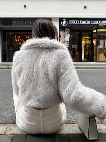 SHEIN Unity 1件女士奢华优雅仿毛皮内衬外套，酒红色 - 淺灰色 - 查看 2