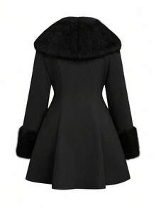 Lyrianda معطف صوفي مقاس كبير للنساء مع طوق من الفرو الاصطناعي ومرقع الخصر - الأسود - مشاهدة 2