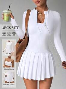 Dewbera 3 Pcs Set Women's Long Sleeve Zip-Up Jacket, Sports Bra And Pleated Skirt Pants Activewear Set Tennis Skirt Set - White - View 1