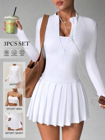 Dewbera 3 Pcs Set Women's Long Sleeve Zip-Up Jacket, Sports Bra And Pleated Skirt Pants Activewear Set Tennis Skirt Set