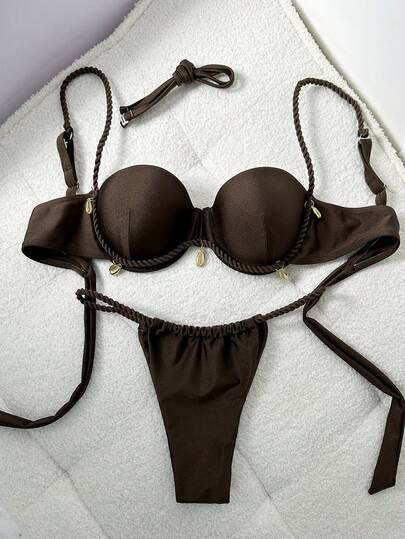 Swim Chiccia Swim Chicsea 两件式纯色绳结金属贝壳装饰钢圈比基尼泳衣套装，性感女士沙滩度假泳装