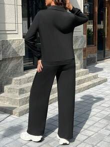 SHEIN Ensemble de pantalon ample et doux et Top à manches longues pour femmes enceintes - Noir - Voir 2
