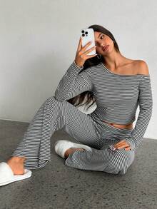 Aloruh 女式露肩条纹印花长袖上衣和裤子睡衣套装条纹两件套休闲两件套两件套休闲套装女士秋季服装 - 彩色 - 查看 4