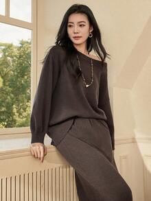 Dazy-Less 女士优雅简约圆领宽松针织毛衣和半裙两件套，秋冬商务休闲女装 - 深灰色 - 查看 5