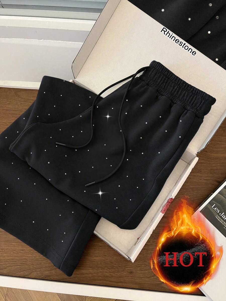 GlowEve Long Black Knitted Straight Leg And Fleece Sweatpants Rhinestone Sweatpants For Women Casual Style - Black - View 1
