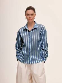 Almamuse Áo sơ mi sọc xanh trắng dành cho nữ, thoải mái khi đi làm và mặc thường ngày, mùa xuân/hè - Màu xanh lam - Xem 3