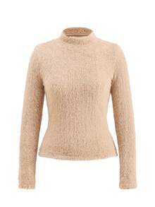 Ellevyn Conjunto de moda cómodo de top de manga larga con cuello alto de unicolor y minifalda de felpa, otoño/invierno - Caqui - Ver 9