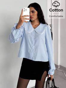 Siren Gaze Women's Front Button Long Sleeve Solid Color Patchwork Casual Blouse Winter Spring - Blue and White - View 1
