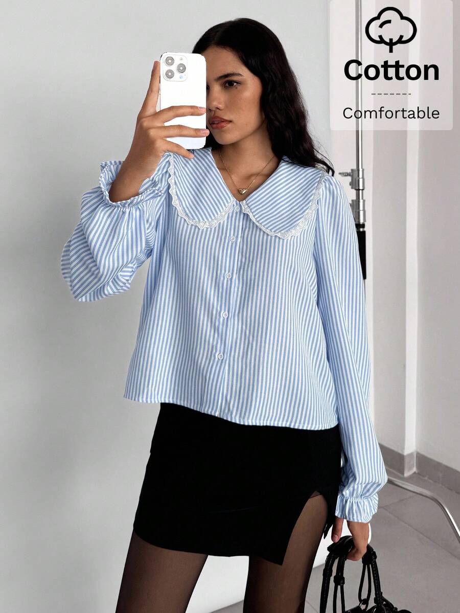 Siren Gaze Women's Front Button Long Sleeve Solid Color Patchwork Casual Blouse Winter Spring - Blue and White - View 1