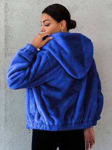 SHEIN Cottnline 女士休闲纯色连帽外套，秋冬季 - 寶藍色 - 查看 2