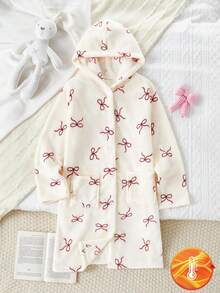Girls' Cute Burgundy Bow Hooded Mid-Length Robe Sleepwear, Autumn/Winter Pajamas Dress  Tween Girls Pajamas-Hooded Nightgown Soft Fleece Red Bow Print White Hooded Long Sleeve Knee Length Warm Sleepwear Fall Winter Loungewear 2026 New Year Essential - Apricot - View 7