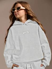 SHEIN Tween Girl Hoodie Set, Long Sleeve Hoodie And Loose Casual Sweatpants Set, Autumn/Winter - Light Grey - View 5