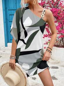 Breezaya Đầm thường ngày cổ lệch màu phối màu cho kỳ nghỉ bãi biển dành cho nữ - Đen và trắng - Xem 3