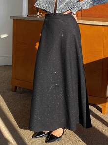 Livesso Elegant Black Sequin Embellished Skirt, Suitable For New Year, Christmas, Wedding, Party, Formal Occasions, Autumn/Winter - Black - View 5