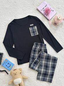 SHEIN 大童U领装饰长袖上衣和印花裤子睡衣套装 - 彩色 - 查看 4