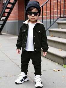 Genkimix Kids 2pcs Young Boy Fashion Outfit, Thermal Lined Cardigan Jacket Paired With Elastic Waist Pants, Suitable For Formal Events, School, Holidays, Daily Wear - Black - View 1