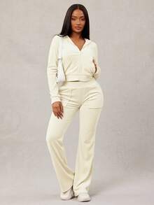 Radiana 女士性感休闲浅黄色经典修身天鹅绒两件套：拉链连帽衫+阔腿裤，柔软舒适，适合休闲、运动、居家、外出穿着。 - 淡黃色 - 查看 5