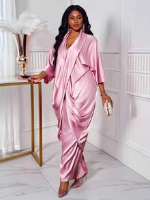 Truni Bộ đồ 2 món bằng vải satin rộng rãi cho nữ cỡ lớn, áo cánh dơi cỡ lớn và quần ống đứng, phù hợp với dáng người hình tam giác quả lê - Hồng - Xem 6