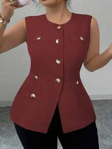 Elenzga Plus Size Woven Fabric Elegant Sophisticated French High-End Minimalist Versatile Comfortable Open Front Fitted Waist Sleeveless Blazer For Women, Summer - Burgundy - View 5