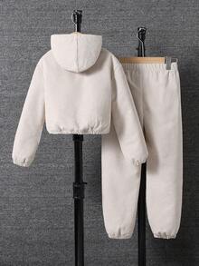 Tween Girl Solid Color Long Sleeve Front Button Hooded Corduroy 2 Pieces Set - Beige - View 2