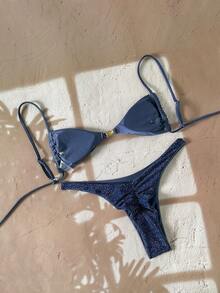 Swim Chiccia Women's Casual Vacation Navy Blue Special Fabric Bikini Two Pieces Swimsuit - Navy Blue - View 2