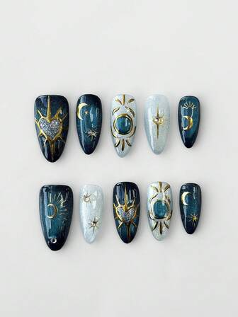 Fairycore 10 pezzi di unghie finte a forma di mandorla dipinte a mano con stelle e lune + 3 pezzi di adesivo biadesivo, unghie d'arte di alta qualità staccabili con strass e occhio di gatto bicolore, adatte per festival, feste e uso quotidiano