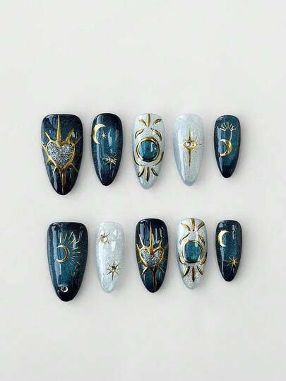 Fairycore 10 Stück handbemalte Falschnägel mit Stern & Mond + 3 Stück doppelseitiges Klebeband, hochwertige abnehmbare mandelförmige Nagelkunst mit Strass Katzenaugen Zweifarbig, geeignet für Festivals, Partys und den täglichen Gebrauch