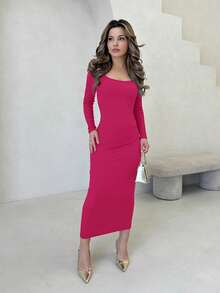 Jemour Autumn Wear Solid Color Square Neck Tight Black Long-Sleeved Dress - Hot Pink - View 4