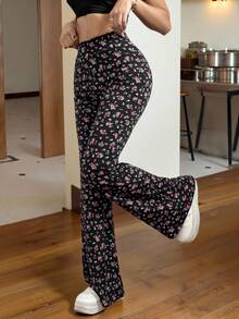 SHEIN EZwear Ditsy Floral Knitted Women's Flared Pants For Spring And Autumn - Black - View 3