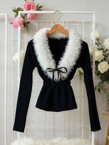 GlowEve Suéter de mujer de manga larga con cuello de piel y decoración de lazo, de moda - Negro - Ver 1
