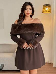 Vionelle Plus Size Detachable Fur Collar & Cuff Off-Shoulder Dress, Elegant Brown Autumn Coffee Dark Chocolate Top Blouses For Women - Brown - View 3