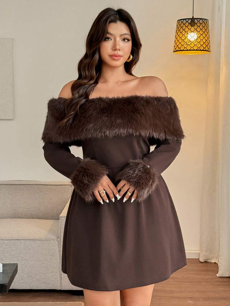 brown faux fur dress Vionelle Plus Size Detachable Collar & Cuff Off-Shoulder Dress, Elegant Autumn Coffee Dark Chocolate Top Blouses For Women Men's Brown Dress Shoes shoulder design adds luxurious recommended-product:threefold-croco-embossed-clutch-off-white Primary colour:Black