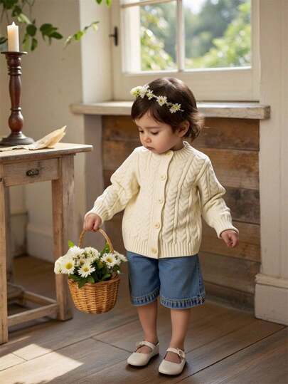 SHEIN 女婴休闲可爱简约米色扭花针织开衫，柔软舒适，适合日常、户外、旅行、度假、居家、托儿所、女婴玩耍、秋冬季、圣诞节、返校、派对等场合。百搭女婴针织衫，女婴冬季毛衣，女婴毛衣开衫，女婴服装，女童秋季毛衣。