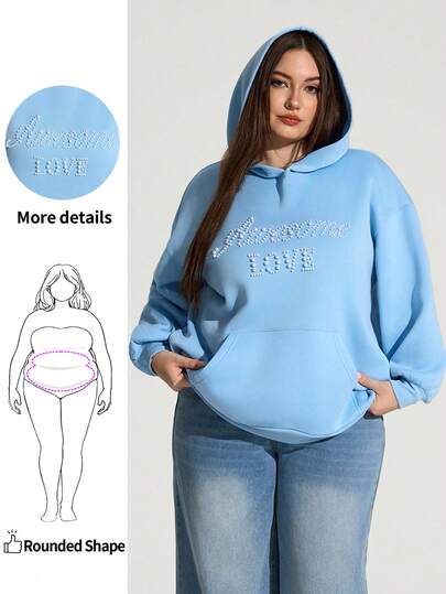 Enliva Sudadera con capucha holgada con patrón de letras con perlas 3D talla grande para mujer, ropa de otoño, CURVE PLUS