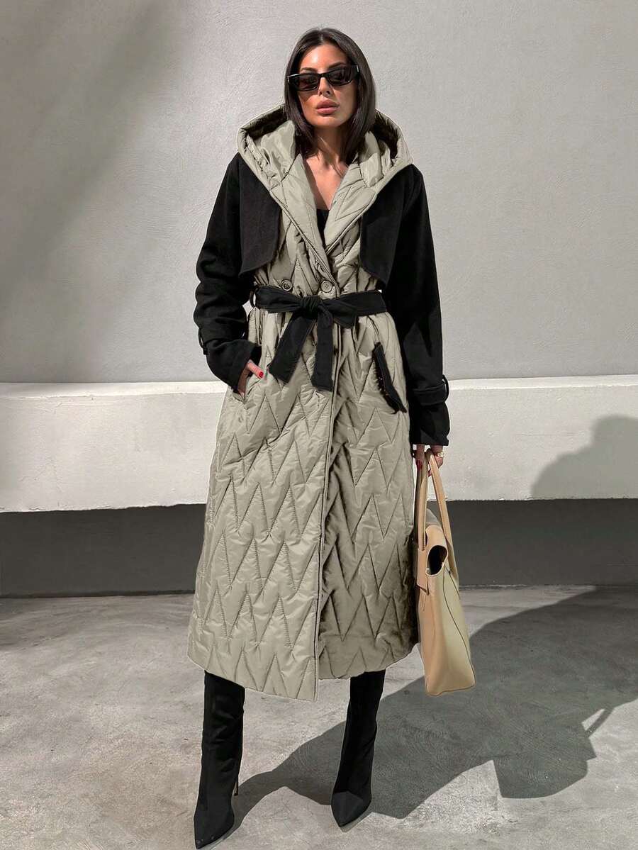 EURMUSE Women Garnished Trench Detailed Luxe Elegant Long Quilted Jacket - Mocha Brown - View 1