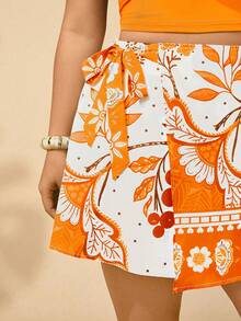 SHEIN Clasi 大码女装夏季畅销款中式彩色花卉印花长袖开衫，搭配蓝色针织抹胸上衣和松紧腰宽松短裤，春夏休闲两件套 - 彩色 - 查看 6