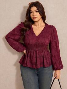 Elaquor Plus Size Women Floral Jacquard Shirred Lantern Sleeve Gathered Waist Elegant Blouse - Burgundy - View 5