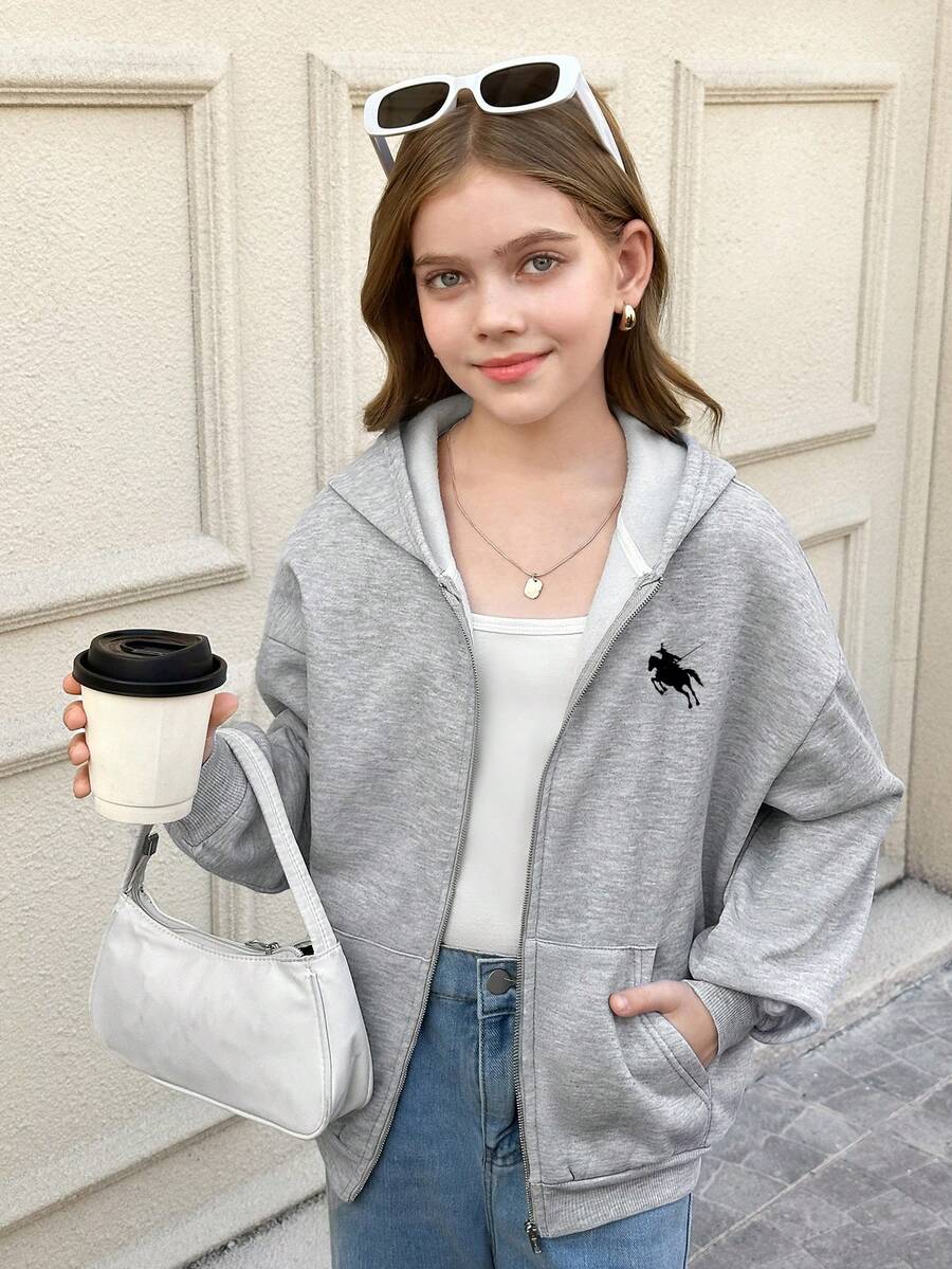 SHEIN Tween Girls Casual Knit Sweatshirt Jacket With Embroidery, Zipper And Pockets, Suitable For Weekends, Casual Outings, Back To School, Autumn/Winter, Tween Girl Zip Up Sweatshirt, Tween Girl Zip Up Top, Kids Grey Girl Jacket - Grey - View 1